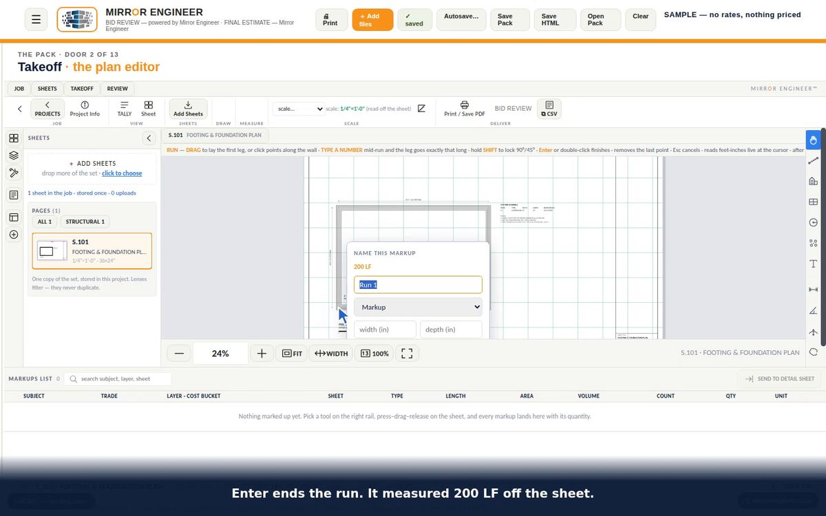 The plan editor measuring a footing run on a SAMPLE sheet