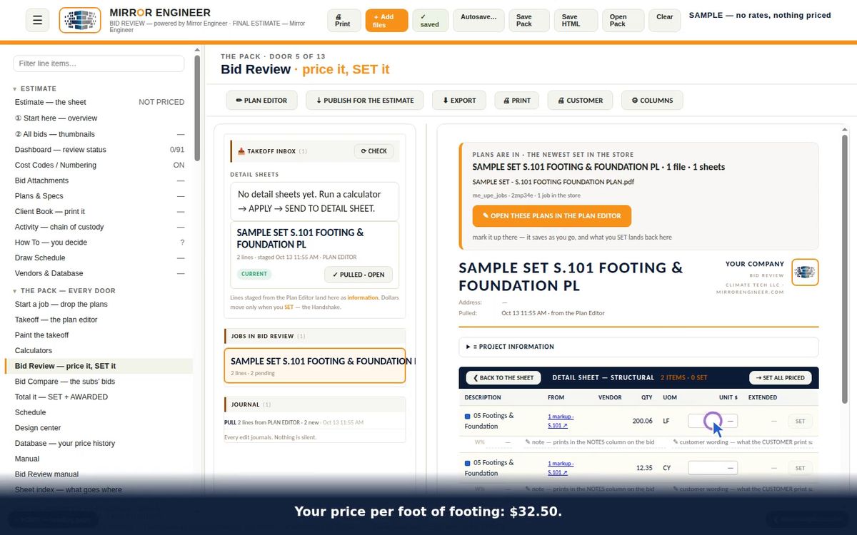 Bid Review with SAMPLE rates being set