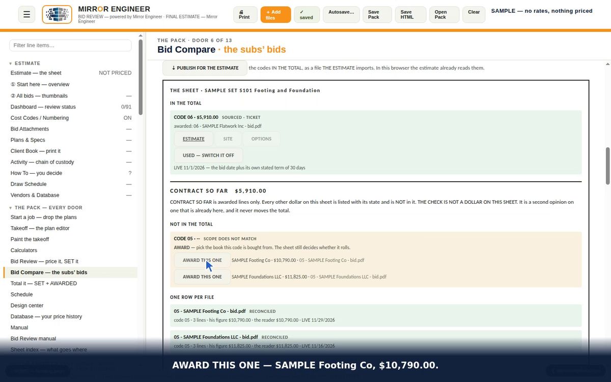 Bid Compare awarding a SAMPLE bid